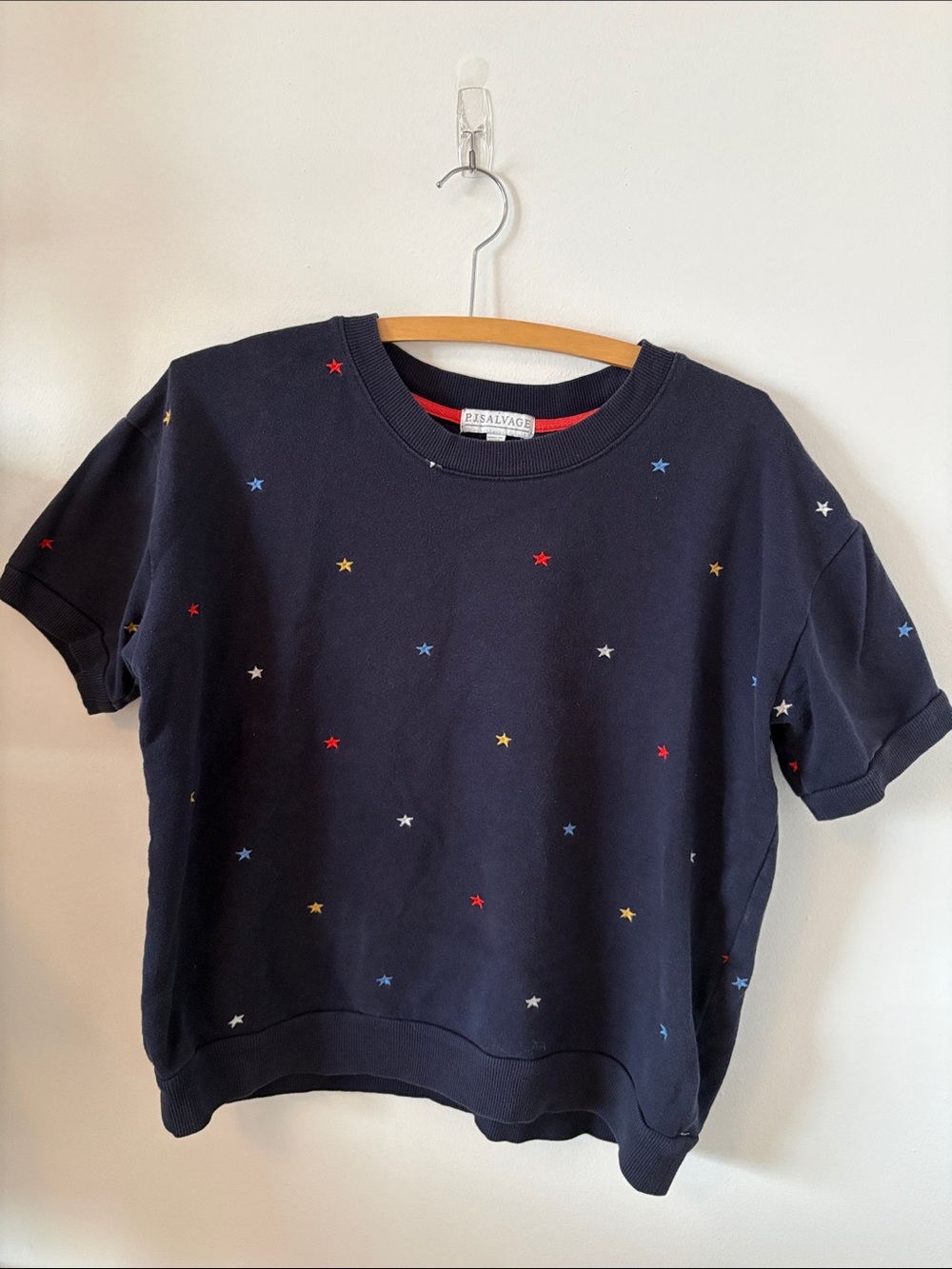 Navy Short-Sleeve Sweatshirt with Red, Yellow, Light Blue & White Stars